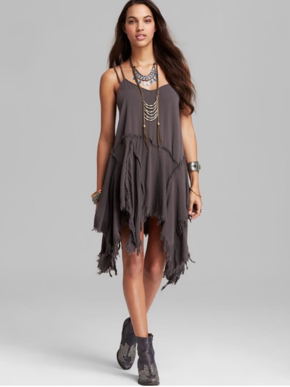 Free People Tattered Up Shred Slip Dress in Charcoal Grey Distressed Boho